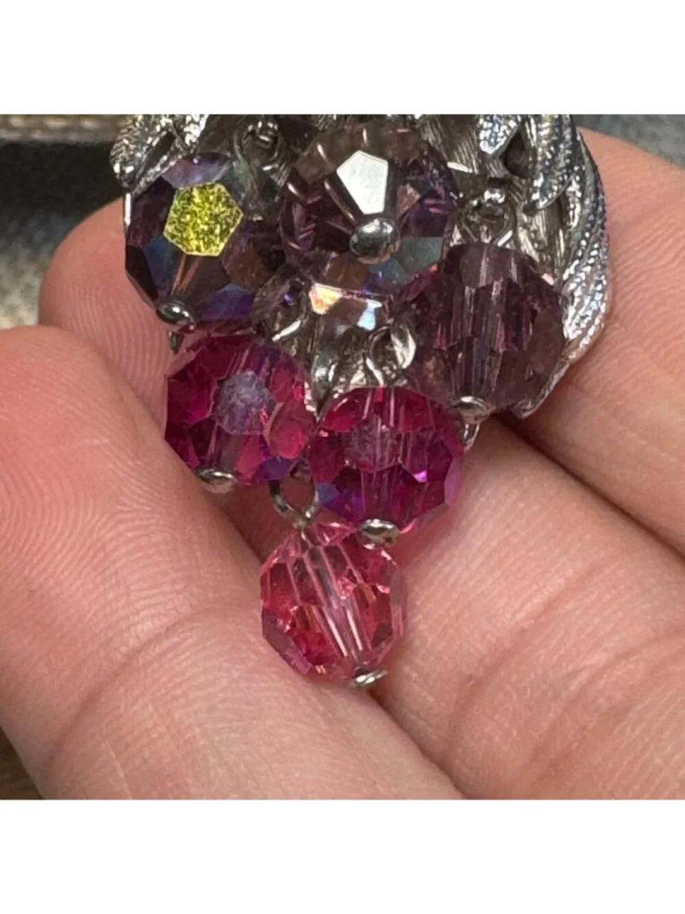 Vintage Grape Silver-Tone Clip-On Earrings Purple Crystal Beads Floral Design